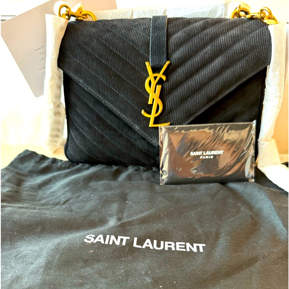 Saint Laurent Medium College Black Corduroy Shoulder Bag (JB1195)